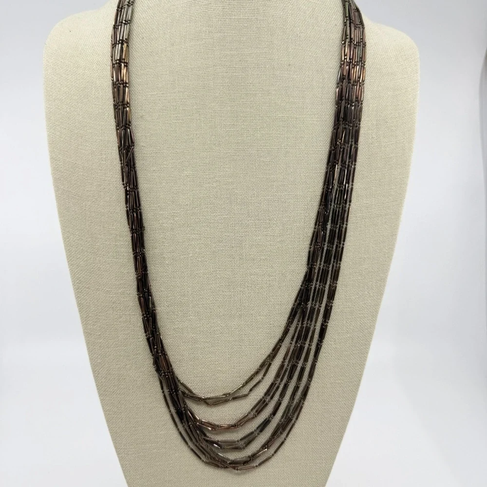 Bronze Tone Bugle Bead Multi Strand Necklace Layered Boho Statement Jewelry